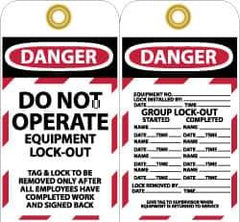 NMC - 3" High x 6" Long, DANGER - DO NOT OPERATE - EQUIPMENT LOCK-OUT, English Safety & Facility Lockout Tag - Tag Header: Danger, 2 Sides, Black, Red & White Unrippable Vinyl - Apex Tool & Supply
