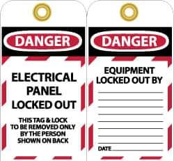 NMC - 3" High x 6" Long, DANGER - ELECTRICAL PANEL LOCKED OUT - THIS TAG & LOCK TO BE REMOVED ONLY BY THE PERSON SHOWN ON BACK, English Safety & Facility Lockout Tag - Tag Header: Danger, 2 Sides, Black, Red & White Unrippable Vinyl - Apex Tool & Supply