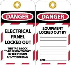 NMC - 3" High x 6" Long, DANGER - ELECTRICAL PANEL LOCKED OUT - THIS TAG & LOCK TO BE REMOVED ONLY BY THE PERSON SHOWN ON BACK, English Safety & Facility Lockout Tag - Tag Header: Danger, 2 Sides, Black, Red & White Unrippable Vinyl - Apex Tool & Supply