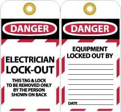NMC - 3" High x 6" Long, DANGER - ELECTRICIAN LOCK-OUT - THIS TAG & LOCK TO BE REMOVED ONLY BY THE PERSON SHOWN ON BACK, English Safety & Facility Lockout Tag - Tag Header: Danger, 2 Sides, Black, Red & White Unrippable Vinyl - Apex Tool & Supply