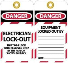 NMC - 3" High x 6" Long, DANGER - ELECTRICIAN LOCK-OUT - THIS TAG & LOCK TO BE REMOVED ONLY BY THE PERSON SHOWN ON BACK, English Safety & Facility Lockout Tag - Tag Header: Danger, 2 Sides, Black, Red & White Unrippable Vinyl - Apex Tool & Supply