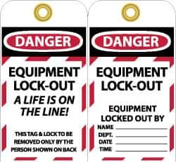 NMC - 3" High x 6" Long, DANGER - EQUIPMENT LOCK-OUT - A LIFE IS ON THE LINE! THIS TAG & LOCK TO BE REMOVED ONLY BY THE PERSON SHOWN ON BACK, English Safety & Facility Lockout Tag - Tag Header: Danger, 2 Sides, Black, Red & White Unrippable Vinyl - Apex Tool & Supply
