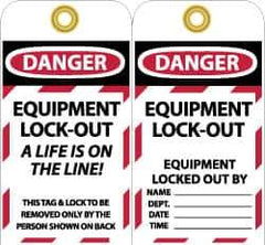 NMC - 3" High x 6" Long, DANGER - EQUIPMENT LOCK-OUT - A LIFE IS ON THE LINE! THIS TAG & LOCK TO BE REMOVED ONLY BY THE PERSON SHOWN ON BACK, English Safety & Facility Lockout Tag - Tag Header: Danger, 2 Sides, Black, Red & White Unrippable Vinyl - Apex Tool & Supply