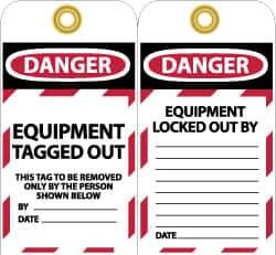 NMC - 3" High x 6" Long, DANGER - EQUIPMENT TAGGED OUT - THIS TAG TO BE REMOVED ONLY BY THE PERSON SHOWN BELOW, English Safety & Facility Lockout Tag - Tag Header: Danger, 2 Sides, Black, Red & White Unrippable Vinyl - Apex Tool & Supply