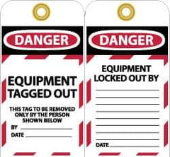 NMC - 3" High x 6" Long, DANGER - EQUIPMENT TAGGED OUT - THIS TAG TO BE REMOVED ONLY BY THE PERSON SHOWN BELOW, English Safety & Facility Lockout Tag - Tag Header: Danger, 2 Sides, Black, Red & White Unrippable Vinyl - Apex Tool & Supply