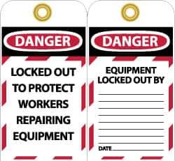 NMC - 3" High x 6" Long, DANGER - LOCKED OUT TO PROTECT WORKERS REPAIRING EQUIPMENT, English Safety & Facility Lockout Tag - Tag Header: Danger, 2 Sides, Black, Red & White Unrippable Vinyl - Apex Tool & Supply