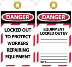 NMC - 3" High x 6" Long, DANGER - LOCKED OUT TO PROTECT WORKERS REPAIRING EQUIPMENT, English Safety & Facility Lockout Tag - Tag Header: Danger, 2 Sides, Black, Red & White Unrippable Vinyl - Apex Tool & Supply