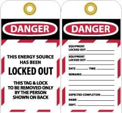 NMC - 3" High x 6" Long, DANGER - THIS ENERGY SOURCE HAS BEEN LOCKED OUT - THIS TAB & LOCK TO BE REMOVED ONLY BY THE PERSON SHOWN ON BACK, English Safety & Facility Lockout Tag - Tag Header: Danger, 2 Sides, Black, Red & White Unrippable Vinyl - Apex Tool & Supply
