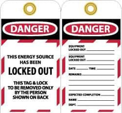 NMC - 3" High x 6" Long, DANGER - THIS ENERGY SOURCE HAS BEEN LOCKED OUT - THIS TAB & LOCK TO BE REMOVED ONLY BY THE PERSON SHOWN ON BACK, English Safety & Facility Lockout Tag - Tag Header: Danger, 2 Sides, Black, Red & White Unrippable Vinyl - Apex Tool & Supply