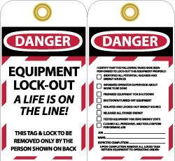 NMC - 3" High x 6" Long, DANGER - EQUIPMENT LOCK-OUT - A LIFE IS ON THE LINE! THIS TAG & LOCK TO BE REMOVED ONLY BY THE PERSON SHOWN ON BACK, English Safety & Facility Lockout Tag - Tag Header: Danger, 2 Sides, Black, Red & White Unrippable Vinyl - Apex Tool & Supply