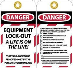 NMC - 3" High x 6" Long, DANGER - EQUIPMENT LOCK-OUT - A LIFE IS ON THE LINE! THIS TAG & LOCK TO BE REMOVED ONLY BY THE PERSON SHOWN ON BACK, English Safety & Facility Lockout Tag - Tag Header: Danger, 2 Sides, Black, Red & White Unrippable Vinyl - Apex Tool & Supply