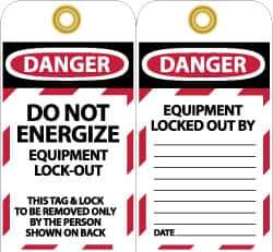 NMC - 3" High x 6" Long, DANGER - DO NOT ENERGIZE - EQUIPMENT LOCK-OUT - THIS TAG & LOCK TO BE REMOVED ONLY BY THE PERSON SHOWN ON BACK, English Safety & Facility Lockout Tag - Tag Header: Danger, 2 Sides, Black, Red & White Unrippable Vinyl - Apex Tool & Supply