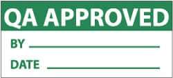 NMC - "QA Approved - By___, Date___", 1" Long x 2-1/4" Wide, Pressure-Sensitive Vinyl Safety Sign - Rectangle, 0.004" Thick, Use for Inspection, Testing & Accident Data - Apex Tool & Supply