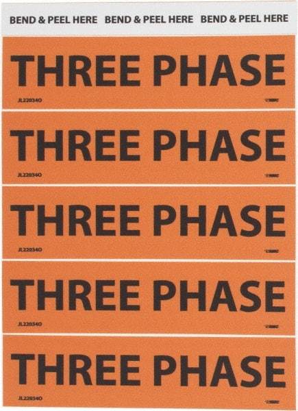 NMC - Electrical Markers Label - Legend: Three Phase, English, Black & Orange, 4-1/2" Long x 1-1/8" High, Sign Muscle Finish - Apex Tool & Supply