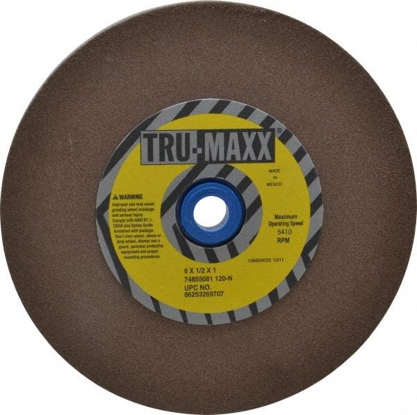 Tru-Maxx - 120 Grit Aluminum Oxide Bench & Pedestal Grinding Wheel - 6" Diam x 1" Hole x 1/2" Thick, 5410 Max RPM, O Hardness, Fine Grade , Vitrified Bond - Apex Tool & Supply