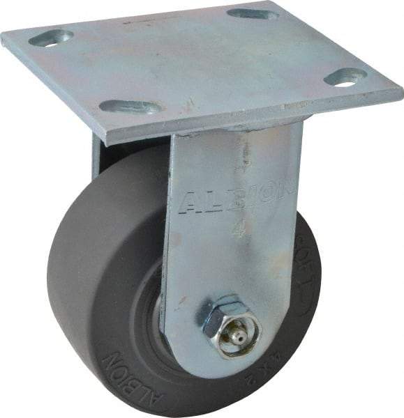 Albion - 4" Diam x 2" Wide x 5-5/8" OAH Top Plate Mount Rigid Caster - Soft Rubber, 350 Lb Capacity, Roller Bearing, 4 x 4-1/2" Plate - Apex Tool & Supply