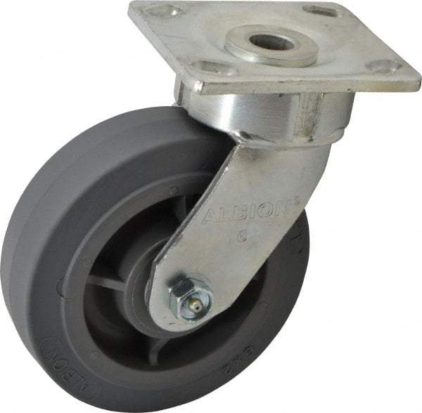 Albion - 6" Diam x 2" Wide x 7-1/2" OAH Top Plate Mount Swivel Caster - Soft Rubber, 600 Lb Capacity, Roller Bearing, 4 x 4-1/2" Plate - Apex Tool & Supply