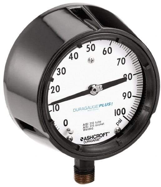 Ashcroft - 4-1/2" Dial, 1/2 Thread, 0-160 Scale Range, Pressure Gauge - Lower Connection, Rear Flange Connection Mount, Accurate to 0.5% of Scale - Apex Tool & Supply
