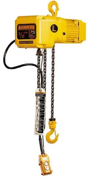 Harrington Hoist - 1 Ton Capacity, 7 FPM Lift Speed, Hook Mounted Hoist - 15' Max Lift, 16.1" Min Headroom, 1 Chain - Apex Tool & Supply