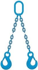 Pewag - 5' Long, 9,000 Lb Basket Capacity, 9,000 Lb Vertical Capacity, 2 Ply, Alloy Steel Web Sling - 4,500 Lb Choker Capacity, DOG Chain Sling, 9/32" Diam Chain, Blue, with 2 Grab Hooks & Master Link - Apex Tool & Supply