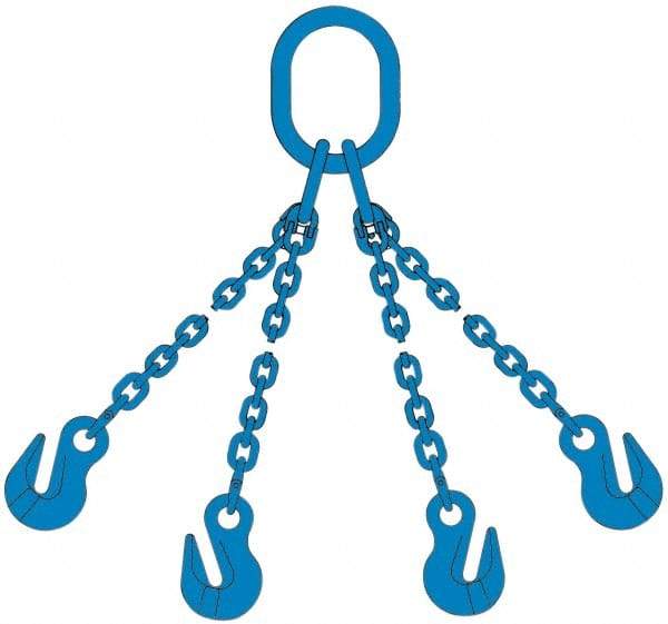 Pewag - 5' Long, 46,500 Lb Basket Capacity, 17,900 Lb Vertical Capacity, 4 Ply, Alloy Steel Web Sling - 17,900 Lb Choker Capacity, QOG Chain Sling, 1/2" Diam Chain, Blue, with 4 Grab Hooks & Master Link - Apex Tool & Supply