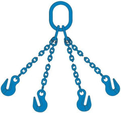 Pewag - 5' Long, 13,500 Lb Basket Capacity, 13,500 Lb Vertical Capacity, 4 Ply, Alloy Steel Web Sling - 4,500 Lb Choker Capacity, QOG Chain Sling, 9/32" Diam Chain, Blue, with 4 Grab Hooks & Master Link - Apex Tool & Supply