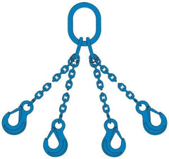 Pewag - 5' Long, 13,500 Lb Basket Capacity, 13,500 Lb Vertical Capacity, 4 Ply, Alloy Steel Web Sling - 4,500 Lb Choker Capacity, QOS Chain Sling, 9/32" Diam Chain, Blue, with 4 Sling Hooks & Master Link - Apex Tool & Supply
