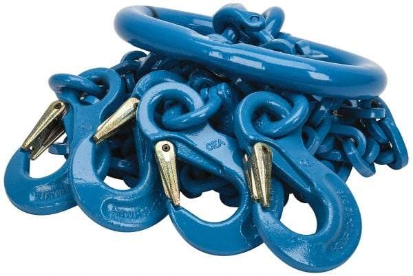 Pewag - 5' Long, 27,500 Lb Basket Capacity, 10,600 Lb Vertical Capacity, 4 Ply, Alloy Steel Web Sling - 10,600 Lb Choker Capacity, QOS Chain Sling, 3/8" Diam Chain, Blue, with 4 Sling Hooks & Master Link - Apex Tool & Supply