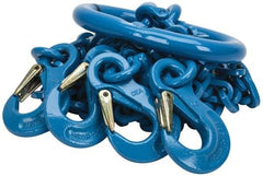 Pewag - 5' Long, 27,500 Lb Basket Capacity, 10,600 Lb Vertical Capacity, 4 Ply, Alloy Steel Web Sling - 10,600 Lb Choker Capacity, QOS Chain Sling, 3/8" Diam Chain, Blue, with 4 Sling Hooks & Master Link - Apex Tool & Supply