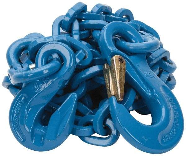 Pewag - 10' Long, 10,600 Lb Basket Capacity, 10,600 Lb Vertical Capacity, 1 Ply, Alloy Steel Web Sling - 10,600 Lb Choker Capacity, SSG Chain Sling, 3/8" Diam Chain, Blue, with Grab Hook & Sling Hook - Apex Tool & Supply
