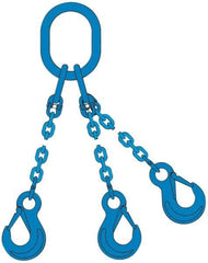 Pewag - 5' Long, 27,500 Lb Basket Capacity, 10,600 Lb Vertical Capacity, 3 Ply, Alloy Steel Web Sling - 10,600 Lb Choker Capacity, TOS Chain Sling, 3/8" Diam Chain, Blue, with 3 Sling Hooks & Master Link - Apex Tool & Supply