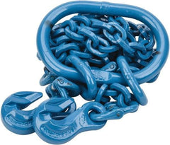 Pewag - 5' Long, 9,000 Lb Basket Capacity, 9,000 Lb Vertical Capacity, 2 Ply, Alloy Steel Web Sling - 4,500 Lb Choker Capacity, DOG Chain Sling, 9/32" Diam Chain, Blue, with 2 Grab Hooks & Master Link - Apex Tool & Supply