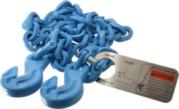 Pewag - 5' Long, 5,200 Lb Basket Capacity, 5,200 Lb Vertical Capacity, 1 Ply, Alloy Steel Web Sling - 4,500 Lb Choker Capacity, SGG Chain Sling, 9/32" Diam Chain, Blue, with 1 Grab Hook on Each End - Apex Tool & Supply