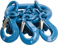 Pewag - 5' Long, 13,500 Lb Basket Capacity, 13,500 Lb Vertical Capacity, 3 Ply, Alloy Steel Web Sling - 4,500 Lb Choker Capacity, TOS Chain Sling, 9/32" Diam Chain, Blue, with 3 Sling Hooks & Master Link - Apex Tool & Supply