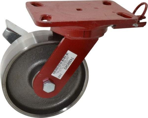 Hamilton - 6" Diam x 2" Wide x 7-3/4" OAH Top Plate Mount Swivel Caster with Brake - Forged Steel, 2,000 Lb Capacity, Roller Bearing, 4-1/2 x 6-1/2" Plate - Apex Tool & Supply