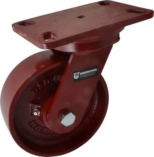 Hamilton - 6" Diam x 2" Wide x 7-3/4" OAH Top Plate Mount Swivel Caster - Cast Iron, 1,400 Lb Capacity, Roller Bearing, 4-1/2 x 6-1/2" Plate - Apex Tool & Supply