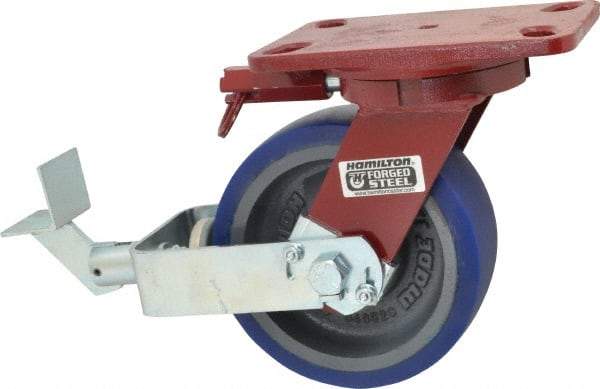 Hamilton - 6" Diam x 2" Wide x 7-3/4" OAH Top Plate Mount Swivel Caster with Brake - Polyurethane, 960 Lb Capacity, Precision Sealed Bearing, 4-1/2 x 6-1/2" Plate - Apex Tool & Supply