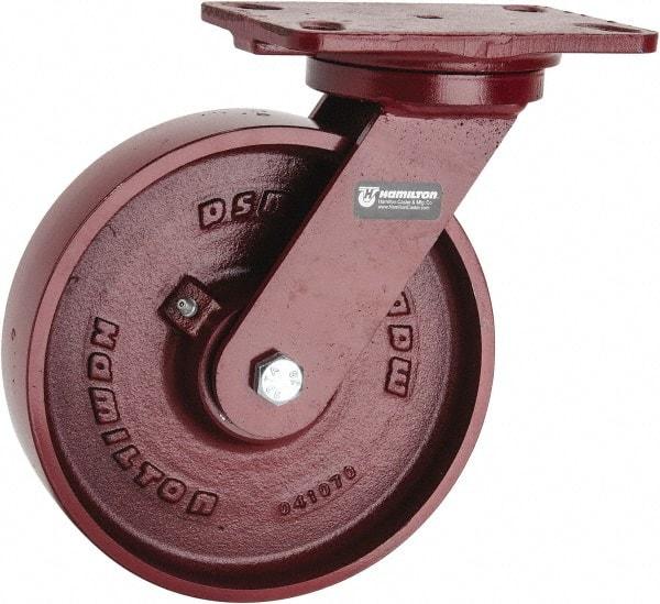 Hamilton - 8" Diam x 2" Wide x 9-3/4" OAH Top Plate Mount Swivel Caster - Cast Iron, 1,500 Lb Capacity, Roller Bearing, 4-1/2 x 6-1/2" Plate - Apex Tool & Supply