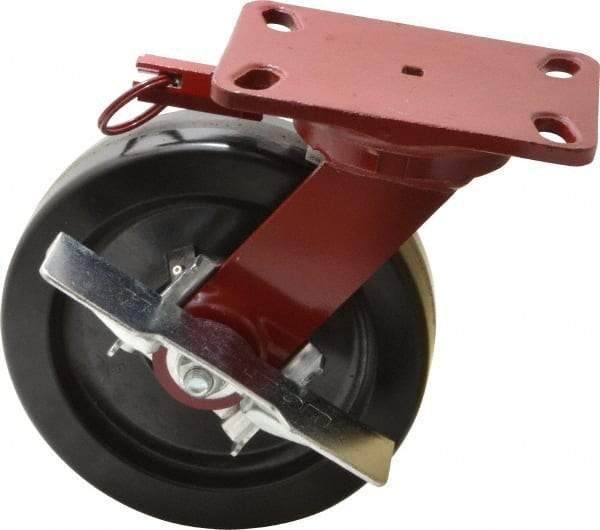 Hamilton - 8" Diam x 2" Wide x 9-3/4" OAH Top Plate Mount Swivel Caster with Brake - Phenolic, 1,400 Lb Capacity, Roller Bearing, 4-1/2 x 6-1/2" Plate - Apex Tool & Supply