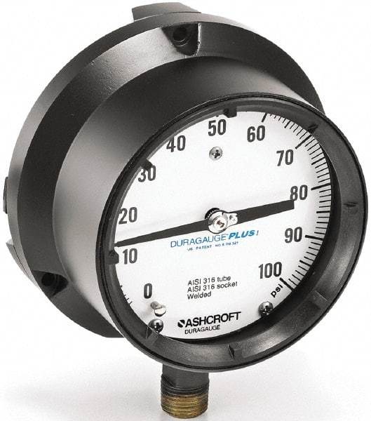 Ashcroft - 4-1/2" Dial, 1/2 Thread, 30-0-30 Scale Range, Pressure Gauge - Lower Connection, Rear Flange Connection Mount, Accurate to 0.5% of Scale - Apex Tool & Supply