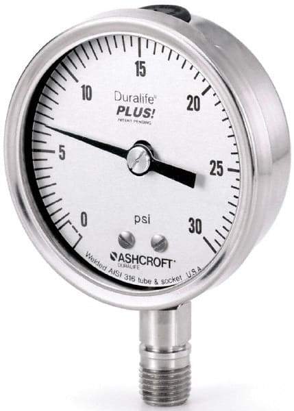 Ashcroft - 3-1/2" Dial, 1/4 Thread, 30-0-15 Scale Range, Pressure Gauge - Lower Connection Mount, Accurate to 1% of Scale - Apex Tool & Supply
