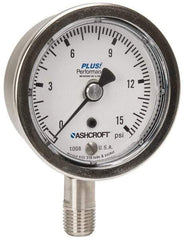 Ashcroft - 2-1/2" Dial, 1/4 Thread, 0-15 Scale Range, Pressure Gauge - Lower Connection Mount, Accurate to 3-2-3% of Scale - Apex Tool & Supply
