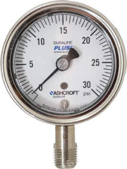 Ashcroft - 2-1/2" Dial, 1/4 Thread, 0-30 Scale Range, Pressure Gauge - Lower Connection Mount, Accurate to 1% of Scale - Apex Tool & Supply