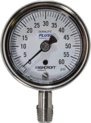 Ashcroft - 2-1/2" Dial, 1/4 Thread, 0-60 Scale Range, Pressure Gauge - Lower Connection Mount, Accurate to 1% of Scale - Apex Tool & Supply