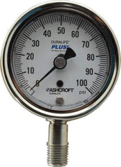 Ashcroft - 2-1/2" Dial, 1/4 Thread, 0-100 Scale Range, Pressure Gauge - Lower Connection Mount, Accurate to 1% of Scale - Apex Tool & Supply
