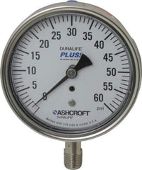 Ashcroft - 3-1/2" Dial, 1/4 Thread, 0-60 Scale Range, Pressure Gauge - Lower Connection Mount, Accurate to 1% of Scale - Apex Tool & Supply