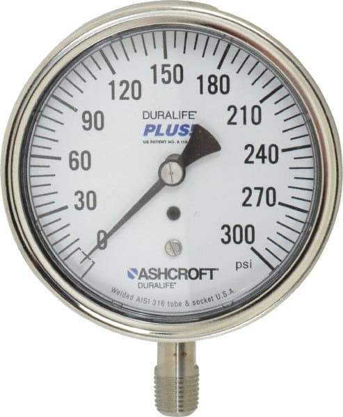 Ashcroft - 3-1/2" Dial, 1/4 Thread, 0-300 Scale Range, Pressure Gauge - Lower Connection Mount, Accurate to 1% of Scale - Apex Tool & Supply