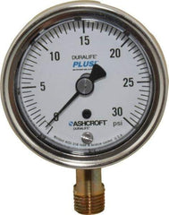 Ashcroft - 2-1/2" Dial, 1/4 Thread, 0-30 Scale Range, Pressure Gauge - Lower Connection Mount, Accurate to 1% of Scale - Apex Tool & Supply
