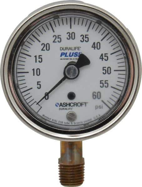 Ashcroft - 2-1/2" Dial, 1/4 Thread, 0-60 Scale Range, Pressure Gauge - Lower Connection Mount, Accurate to 1% of Scale - Apex Tool & Supply
