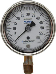 Ashcroft - 2-1/2" Dial, 1/4 Thread, 0-60 Scale Range, Pressure Gauge - Lower Connection Mount, Accurate to 1% of Scale - Apex Tool & Supply